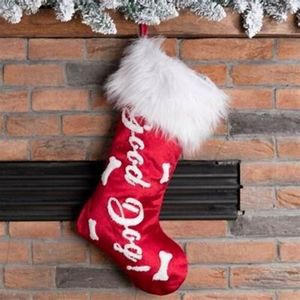 Glitzhome 22 in. L Velvet Christmas Stocking with Plush Cuff- Good Dog, Red and